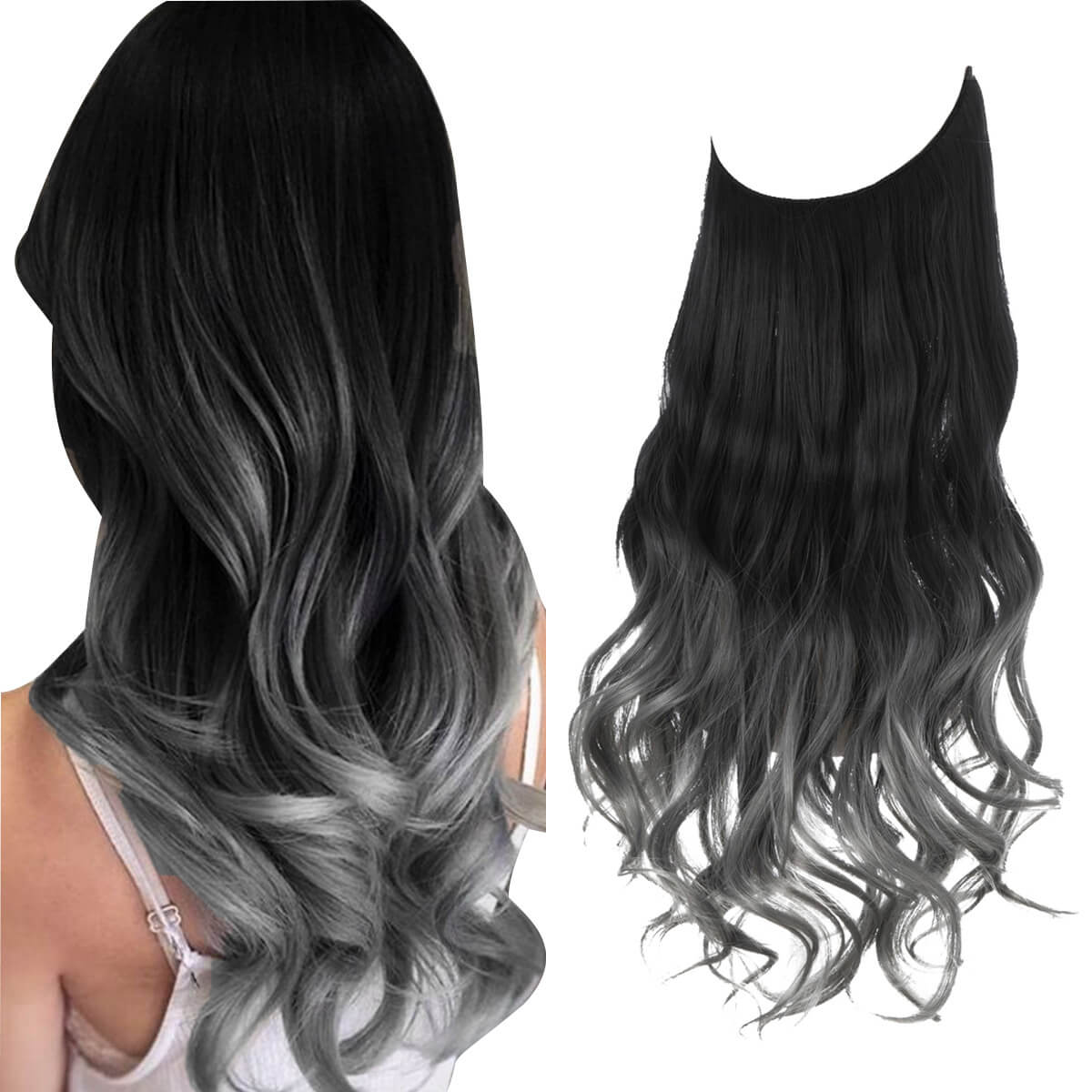 Lively® Schwarz bis Grau / 40cm - 110g Unsichtbare Haar Extensions - Gewellt